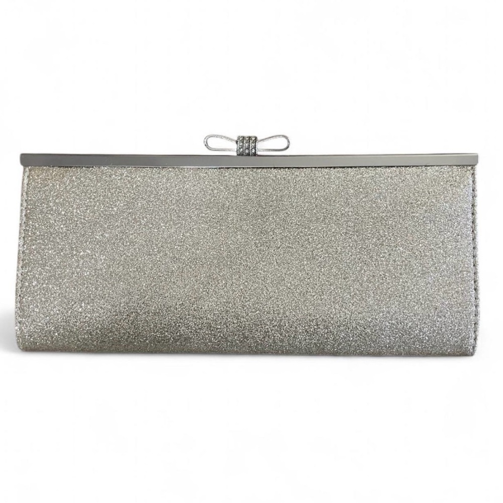 INC Silver Glitter Clutch Evening Bag Rhinestone Bow Formal Wedding Purse